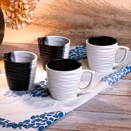 Storepedia Black & White 4 Pieces Textured Ceramic Glossy Cups And Mugs 150 ML-0