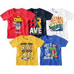 BonOrganik Boys Pack Of 5 Typography Printed Cotton T-shirts-picture-18