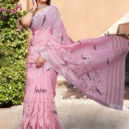 PHEASANT Ethnic Motifs Print Zari Pure Linen Block Print Saree image 5