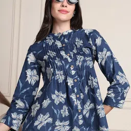 Moda Rapido Women Floral Printed Mandarin Collar Pleated Detail Organic Cotton A-Line Top-picture-58