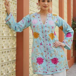 HOUSE OF KARI Women Ethnic Motifs Embroidered Flared Sleeves Cotton A-Line Kurta-33