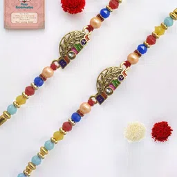 MEIRA JEWELLERY Set Of 2 Beaded Rakhi & Greeting Card With Chawal Roli Chawal Gift Set-16