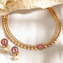 Rubans 22KT Gold-Plated Stone Studded & Pearls Beaded Jewellery Set-96