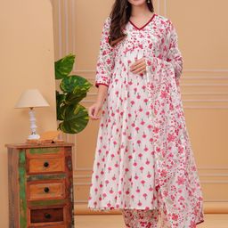 Mizaz Women Floral Printed Regular Mirror Work Pure Cotton Kurta with Trousers & With Dupatta-picture-11