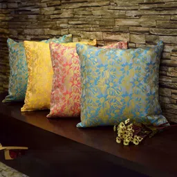 RoyalDeco Bageecha Green 4 Pieces Ethnic Motifs Brocade Silk Square Cushion Covers-image-90