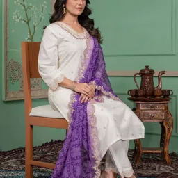ZIBLON Women Embroidered Regular Thread Work Chanderi Cotton Kurti with Trousers & With Dupatta-3