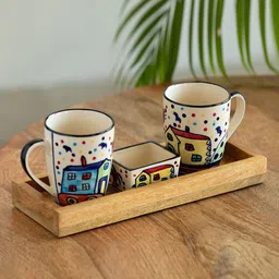 ExclusiveLane The Hut White & Brown 4 Pieces Ceramic Matte Mug and Bowl With Wooden Tray-image-10