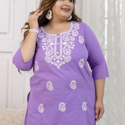 Lee Moda Plus Size Paisley Embroidered Round Neck Pure Cotton Kurti-image-82