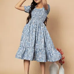 ZWERLON Floral Print Puff Sleeve A-Line Midi Dress-image-28