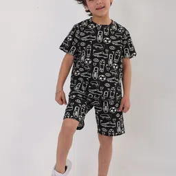 Anthrilo Boys Black Football Shoes Printed T-Shirt & Shorts Set-image-69