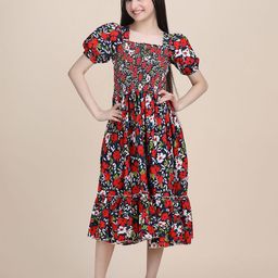 PTVIZE Girls Floral Printed Smocked Puff Sleeve Fit & Flare Midi Dress-51