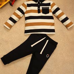 One Friday Boys Striped Polo Collar T-shirt With Track Pant-image-21