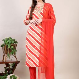 KALINI Women Leheriya Embroidered Regular Sequinned Chanderi Cotton Kurta with Trousers & With Dupatta-3