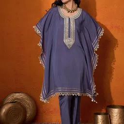 Sangria Blue Geometric Embroidered Round Neck Mirror Work Kaftan With Trousers-13