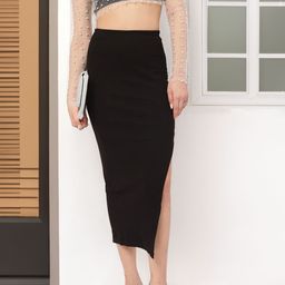 DressBerry Minimalist Marvel Ribbed Midi Skirt with Slit-image-82