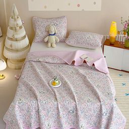 JC HOME 3Pcs Pink & Blue Floral Printed 162 TC Double Superking Bed Covers-picture-9