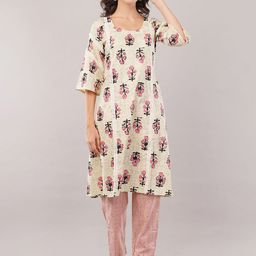 Mishy Floral Printed Thread Work Pure Cotton A-Line Kurta With Trouser-image-34