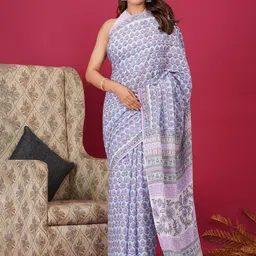 Shivanya Handicrafts Floral Pure Cotton Block Print Saree-image-60