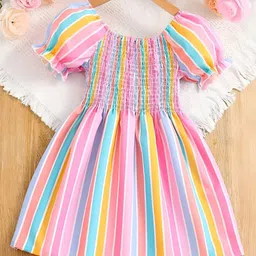 Billion Girls Striped Smocked Puff Sleeves Fit & Flare Dress-85