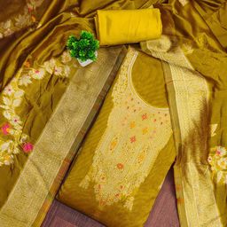 KALINI Floral Woven Design Zari Banarasi Jacquard Unstitched Dress Material-image-16