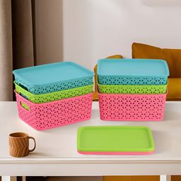 Aura Blue Set Of 6 Regular Multipurpose Tote Basket & Lid Organiser-image-19