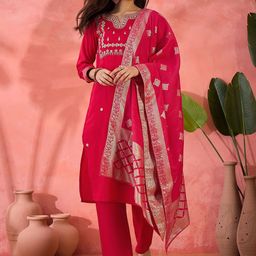 SAINOOR Women Embroidered Regular Beads and Stones Kurti with Pyjamas & With Dupatta-picture-3