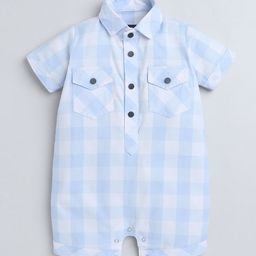Polka Tots Unisex Kids Blue Half Sleeve Checks Print Shirt Romper With Bow-image-10