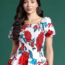 DressBerry Floral Print Puff Sleeve Crepe Peplum Top-image-45
