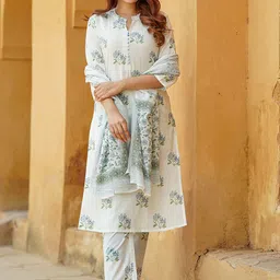 KALINI Women Floral Printed Regular Pure Cotton Kurta with Trousers & With Dupatta-image-65