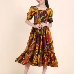 STARWORD Girl Print Puff Sleeve Smocked Fit & Flare Midi Dress-image-73