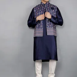 Manish Creations Mandarin Collar Straight Kurta With Churidar And Nehru Jacket-38