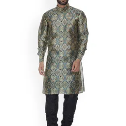 VEERA PARIDHAAN Floral Printed Dupion Silk Mandarin Collar Straight Kurta-image-81