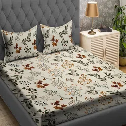 Aura Cream-Coloured & Green Printed 210 TC Microfiber King Bedsheet Set 2.74 m x 2.74 m-0