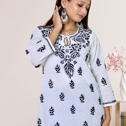 myplusfashion Floral Embroidered Chikankari Tie-Up Neck Pure Cotton Straight Short Kurti-image-47
