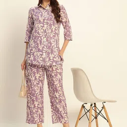 Deewa Printed Shirt Collar Pure Cotton Tunic With Trousers Co-Ords-image-71