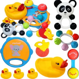 Colorful Plastic Set of 5 Pcs Mix and Attractive Rattles & 4 Pcs Duck ChuChu Rattle-19