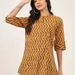 KALINI Women Abstract Printed Mandarin Collar Cotton Top-image-82