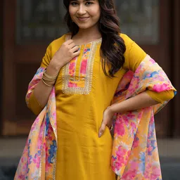 KALINI Women Floral Embroidered Regular Thread Work Kurta with Trousers & With Dupatta-image-26