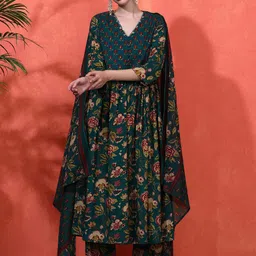 Sangria Floral Embroidered A-Line Pure Cotton Kurta With Trousers & Dupatta-picture-52