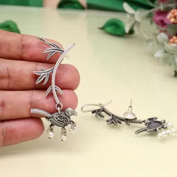 PREYANS Women Silver Oxidised Designer Style Ear Cuff Earrings-image-25