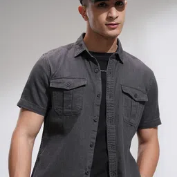 HIGHLANDER Men Slim Fit Spread Collar Solid Cotton Casual Shirt-image-71