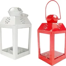 Sweetheart Decorative Hanging Lantern/Lamp with t-Light Candle, (Set of 2) Red, White Iron Hanging Lantern-22