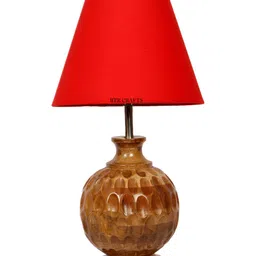 BTR CRAFTS Red & Brown Textured Frustum Shaped Wooden Table Lamp with Adjustable Cord image 2