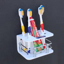 Acrylic Toothbrush Holder with Stainless Steel Railing for Bathroom Toothpaste Stand Holder Tumbler Holder Wall Mount ( White, 4 Pillar) Acrylic Wall Shelf-image-27