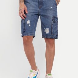 COSMIC Men Washed Denim Mid-Rise Cargo Shorts-image-82