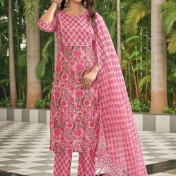 NAINVISH Floral Printed Notch Neck Gotta Patti Straight Kurta with Trousers & Dupatta-19