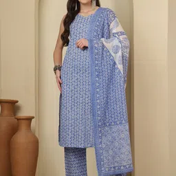 Nayo Floral Printed Sweetheart Neck Sleeveless Pure Cotton Kurta With Palazzos & Dupatta-47