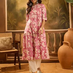 Sangria Floral Printed Mandarin Collar Pure Cotton A-Line Kurta-picture-31