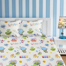 URBAN DREAM White & Blue Graphic 210 TC Queen Bedsheet with 2 Pillow Covers-image-78