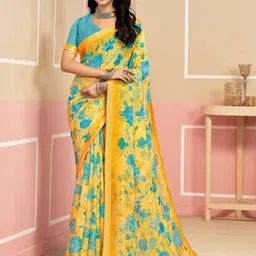 Panzora Floral Printed Saree And Contrast Blouse Piece-image-80